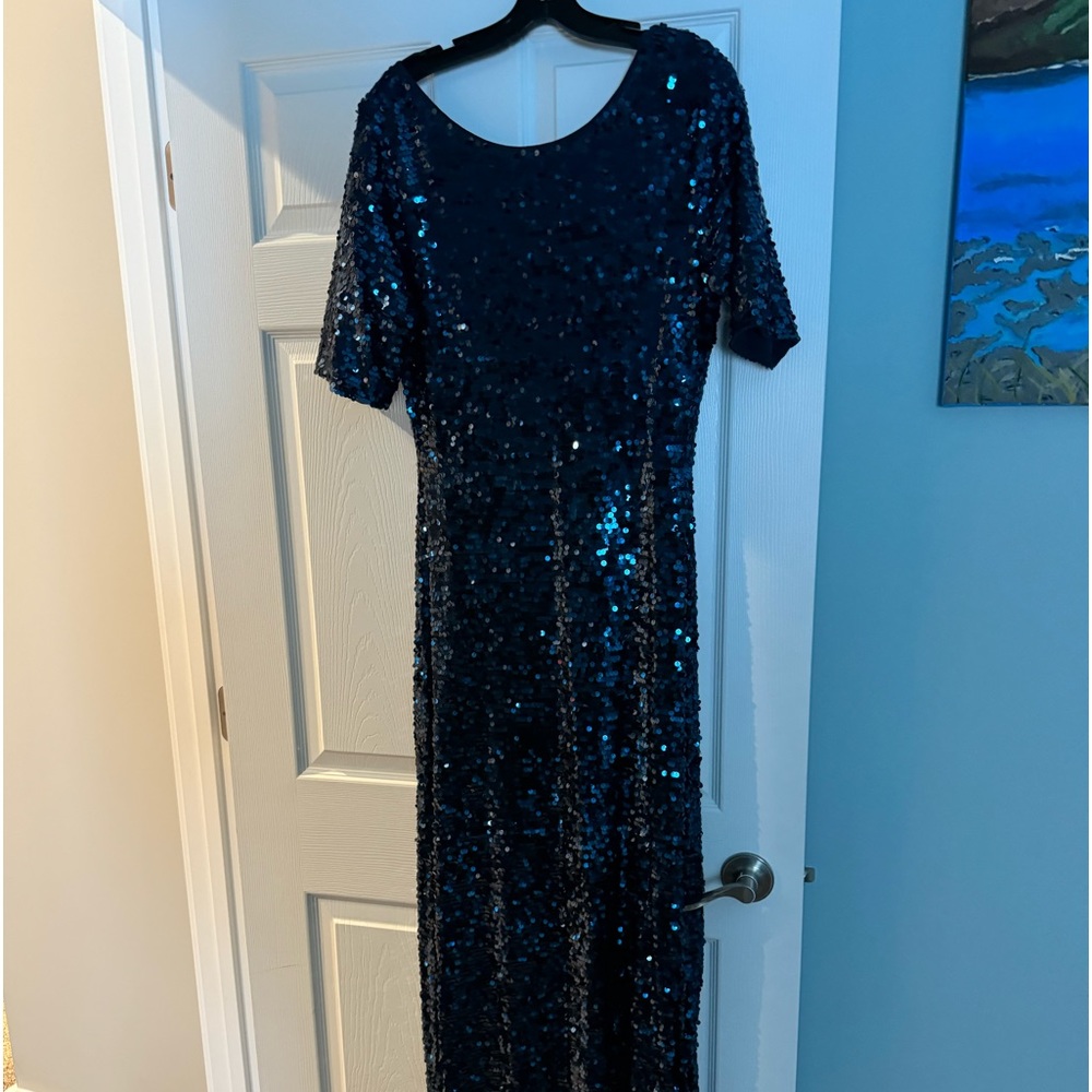 Formal full-length gown, fully blue sequenced, low-scooped back by BCBG MaxAzria